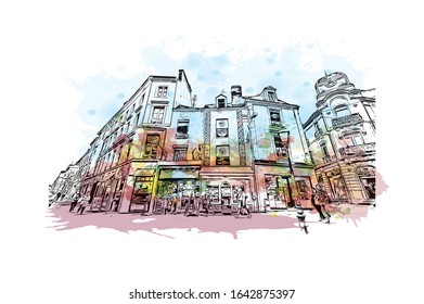 Building view with landmark of Le Mans is a city in northwestern France. Watercolor splash with Hand drawn sketch illustration in vector.