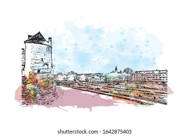 Building view with landmark of Le Mans is a city in northwestern France. Watercolor splash with Hand drawn sketch illustration in vector.