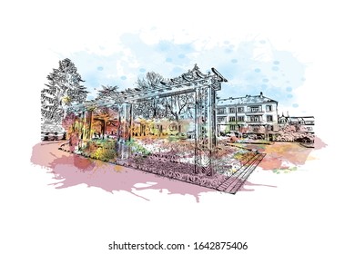Building view with landmark of Le Mans is a city in northwestern France. Watercolor splash with Hand drawn sketch illustration in vector.