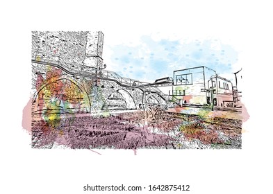 Building view with landmark of Le Mans is a city in northwestern France. Watercolor splash with Hand drawn sketch illustration in vector.