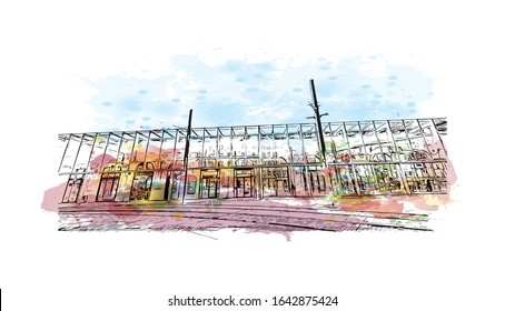Building view with landmark of Le Mans is a city in northwestern France. Watercolor splash with Hand drawn sketch illustration in vector.