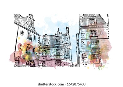 Building view with landmark of Le Mans is a city in northwestern France. Watercolor splash with Hand drawn sketch illustration in vector.