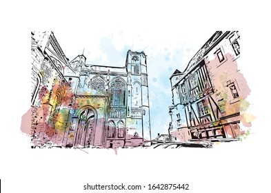 Building view with landmark of Le Mans is a city in northwestern France. Watercolor splash with Hand drawn sketch illustration in vector.