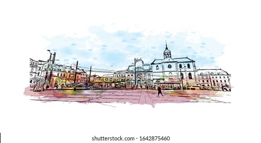 Building view with landmark of Le Mans is a city in northwestern France. Watercolor splash with Hand drawn sketch illustration in vector.
