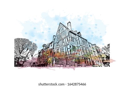 Building view with landmark of Le Mans is a city in northwestern France. Watercolor splash with Hand drawn sketch illustration in vector.