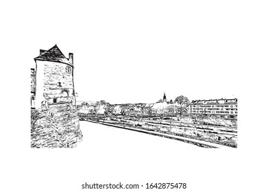 Building view with landmark of Le Mans is a city in northwestern France. Hand drawn sketch illustration in vector.