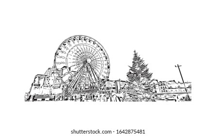 Building view with landmark of Le Mans is a city in northwestern France. Hand drawn sketch illustration in vector.