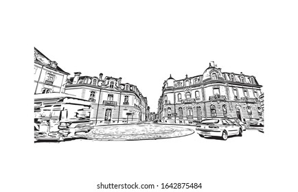 Building view with landmark of Le Mans is a city in northwestern France. Hand drawn sketch illustration in vector.