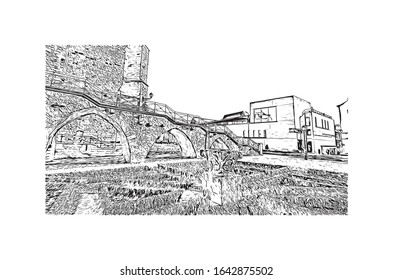 Building view with landmark of Le Mans is a city in northwestern France. Hand drawn sketch illustration in vector.
