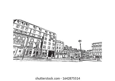 Building view with landmark of Le Mans is a city in northwestern France. Hand drawn sketch illustration in vector.