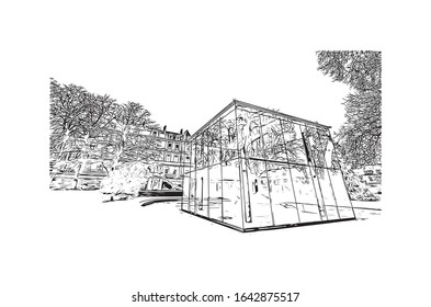 Building view with landmark of Le Mans is a city in northwestern France. Hand drawn sketch illustration in vector.