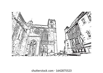 Building view with landmark of Le Mans is a city in northwestern France. Hand drawn sketch illustration in vector.