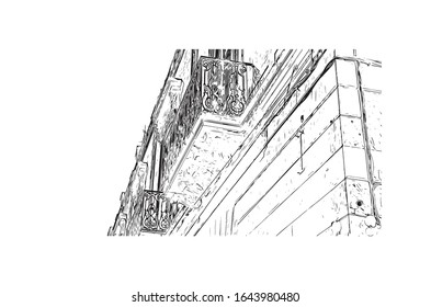 Building view with landmark of Lecce is a city in Italy’s southern Apulia region. It's known for its baroque buildings. Hand drawn sketch illustration in vector.