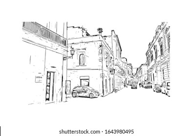 Building view with landmark of Lecce is a city in Italy’s southern Apulia region. It's known for its baroque buildings. Hand drawn sketch illustration in vector.