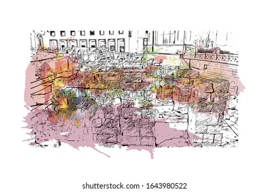 Building view with landmark of Lecce is a city in Italy’s southern Apulia region. It's known for its baroque buildings. Watercolor splash with Hand drawn sketch illustration in vector.