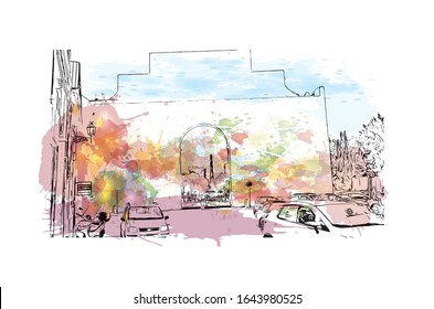 Building view with landmark of Lecce is a city in Italy’s southern Apulia region. It's known for its baroque buildings. Watercolor splash with Hand drawn sketch illustration in vector.