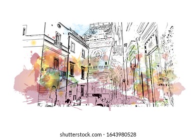 Building view with landmark of Lecce is a city in Italy’s southern Apulia region. It's known for its baroque buildings. Watercolor splash with Hand drawn sketch illustration in vector.