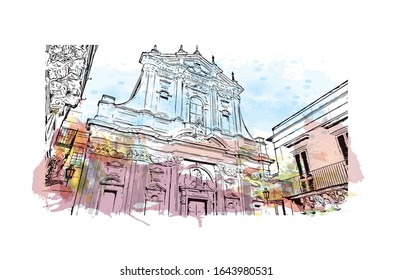 Building view with landmark of Lecce is a city in Italy’s southern Apulia region. It's known for its baroque buildings. Watercolor splash with Hand drawn sketch illustration in vector.