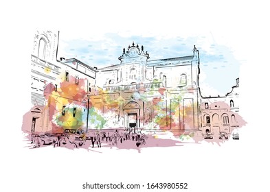 Building view with landmark of Lecce is a city in Italy’s southern Apulia region. It's known for its baroque buildings. Watercolor splash with Hand drawn sketch illustration in vector.