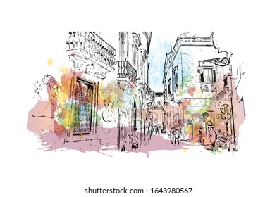 Building view with landmark of Lecce is a city in Italy’s southern Apulia region. It's known for its baroque buildings. Watercolor splash with Hand drawn sketch illustration in vector.