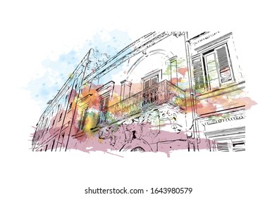 Building view with landmark of Lecce is a city in Italy’s southern Apulia region. It's known for its baroque buildings. Watercolor splash with Hand drawn sketch illustration in vector.
