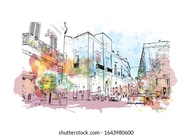 Building view with landmark of Lecce is a city in Italy’s southern Apulia region. It's known for its baroque buildings. Watercolor splash with Hand drawn sketch illustration in vector.