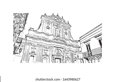 Building view with landmark of Lecce is a city in Italy’s southern Apulia region. It's known for its baroque buildings. Hand drawn sketch illustration in vector.