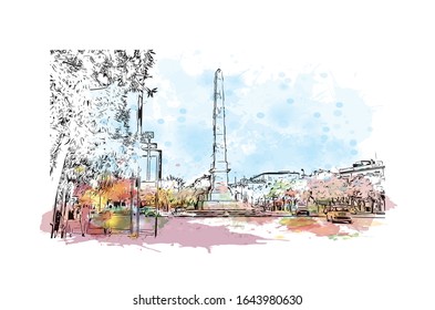 Building view with landmark of Lecce is a city in Italy’s southern Apulia region. It's known for its baroque buildings. Watercolor splash with Hand drawn sketch illustration in vector.