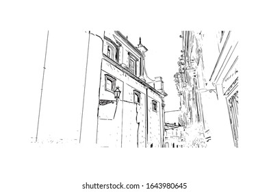 Building view with landmark of Lecce is a city in Italy’s southern Apulia region. It's known for its baroque buildings. Hand drawn sketch illustration in vector.