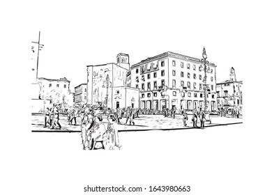 Building view with landmark of Lecce is a city in Italy’s southern Apulia region. It's known for its baroque buildings. Hand drawn sketch illustration in vector.