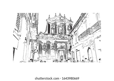 Building view with landmark of Lecce is a city in Italy’s southern Apulia region. It's known for its baroque buildings. Hand drawn sketch illustration in vector.