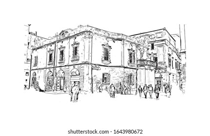 Building view with landmark of Lecce is a city in Italy’s southern Apulia region. It's known for its baroque buildings. Hand drawn sketch illustration in vector.