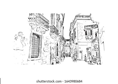 Building view with landmark of Lecce is a city in Italy’s southern Apulia region. It's known for its baroque buildings. Hand drawn sketch illustration in vector.