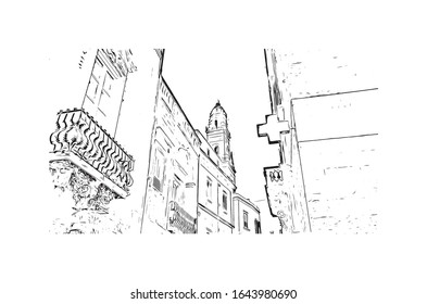 Building view with landmark of Lecce is a city in Italy’s southern Apulia region. It's known for its baroque buildings. Hand drawn sketch illustration in vector.