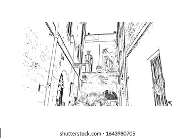 Building view with landmark of Lecce is a city in Italy’s southern Apulia region. It's known for its baroque buildings. Hand drawn sketch illustration in vector.