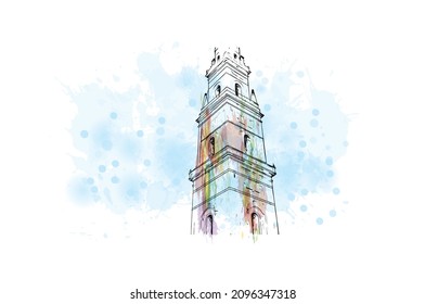 Building view with landmark of Lecce is a city in Italy. watercolour splash with hand drawn sketch illustration in vector.