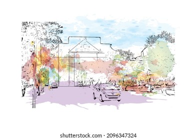 Building view with landmark of Lecce is a city in Italy. watercolour splash with hand drawn sketch illustration in vector.