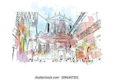 Building view with landmark of Lecce is a city in Italy. watercolour splash with hand drawn sketch illustration in vector.