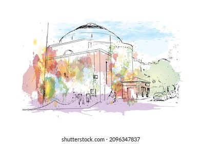 Building view with landmark of Lecce is a city in Italy. watercolour splash with hand drawn sketch illustration in vector.
