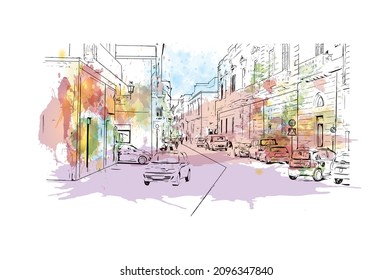 Building view with landmark of Lecce is a city in Italy. watercolour splash with hand drawn sketch illustration in vector.