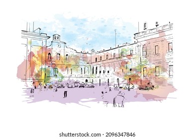 Building view with landmark of Lecce is a city in Italy. watercolour splash with hand drawn sketch illustration in vector.
