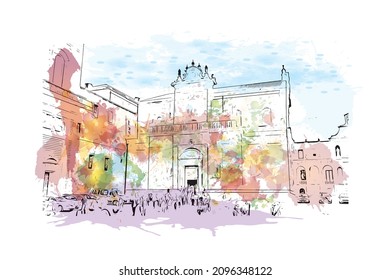 Building View With Landmark Of Lecce Is A City In Italy. Watercolour Splash With Hand Drawn Sketch Illustration In Vector.