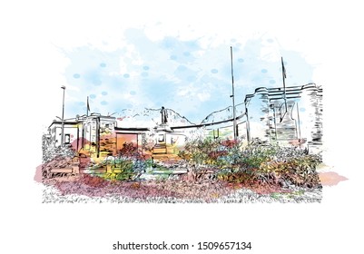 Building view with landmark of Lecco is a city on the southeastern shore of Lake Como, in northern Italy. Watercolor splash with Hand drawn sketch illustration in vector.