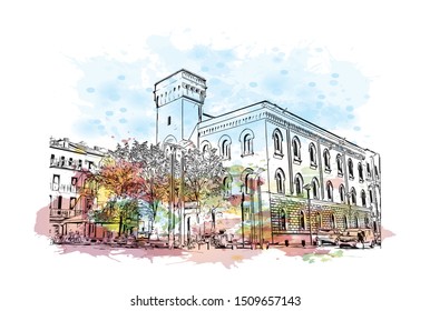 Building view with landmark of Lecco is a city on the southeastern shore of Lake Como, in northern Italy. Watercolor splash with Hand drawn sketch illustration in vector.