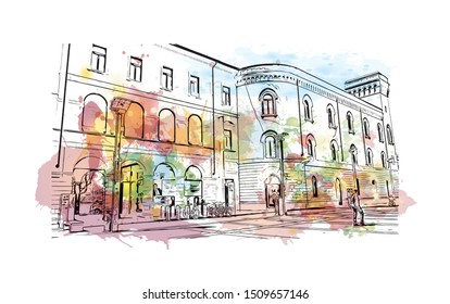 Building view with landmark of Lecco is a city on the southeastern shore of Lake Como, in northern Italy. Watercolor splash with Hand drawn sketch illustration in vector.