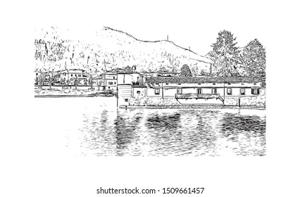 Building view with landmark of Lecco is a city on the southeastern shore of Lake Como, in northern Italy. Hand drawn sketch illustration in vector.