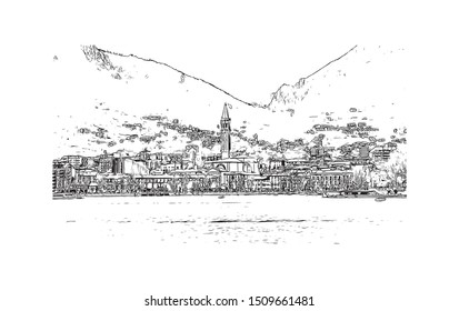 Building view with landmark of Lecco is a city on the southeastern shore of Lake Como, in northern Italy. Hand drawn sketch illustration in vector.