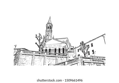 Building view with landmark of Lecco is a city on the southeastern shore of Lake Como, in northern Italy. Hand drawn sketch illustration in vector.