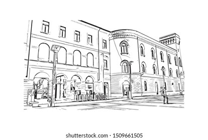 Building view with landmark of Lecco is a city on the southeastern shore of Lake Como, in northern Italy. Hand drawn sketch illustration in vector.