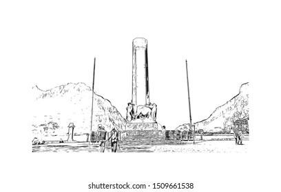 Building view with landmark of Lecco is a city on the southeastern shore of Lake Como, in northern Italy. Hand drawn sketch illustration in vector.